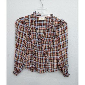 Maeve Blouse Womens 4 Plaid Multicolor Ruffled Smocked Sleeve Hem V Neck